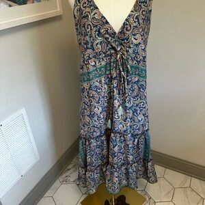 Paisley Tiered V-Neck Maxi Dress in Blue and Teal